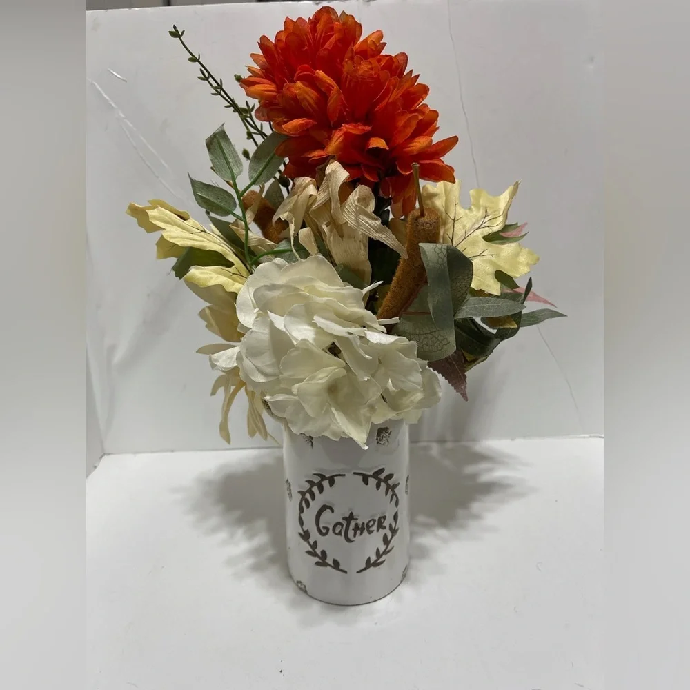 Faux Floral Arrangement with Orange and White Blooms in White Container